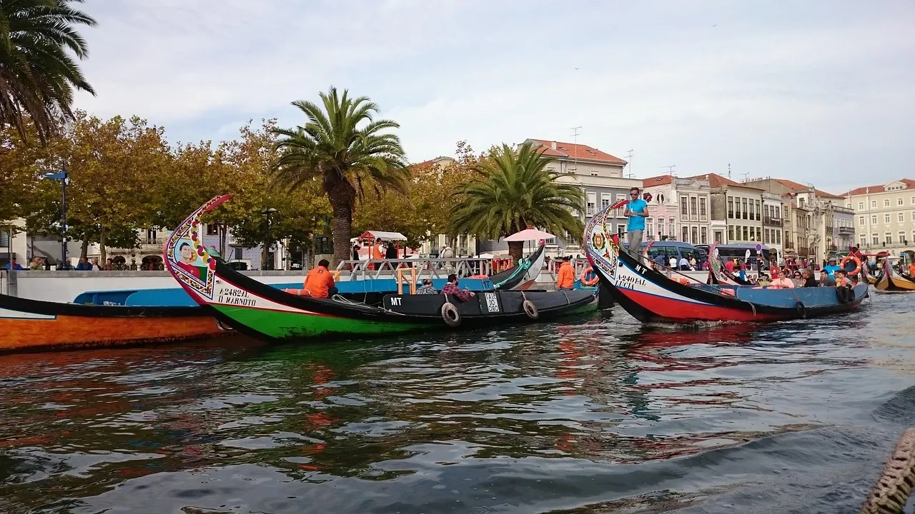 Brightly painted moliceiro boats moored on a canal in Aveiro