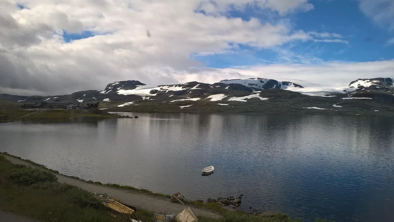 A snow-dusted mountain plateau above the lake at Finse, the highest station on the Bergen Railway