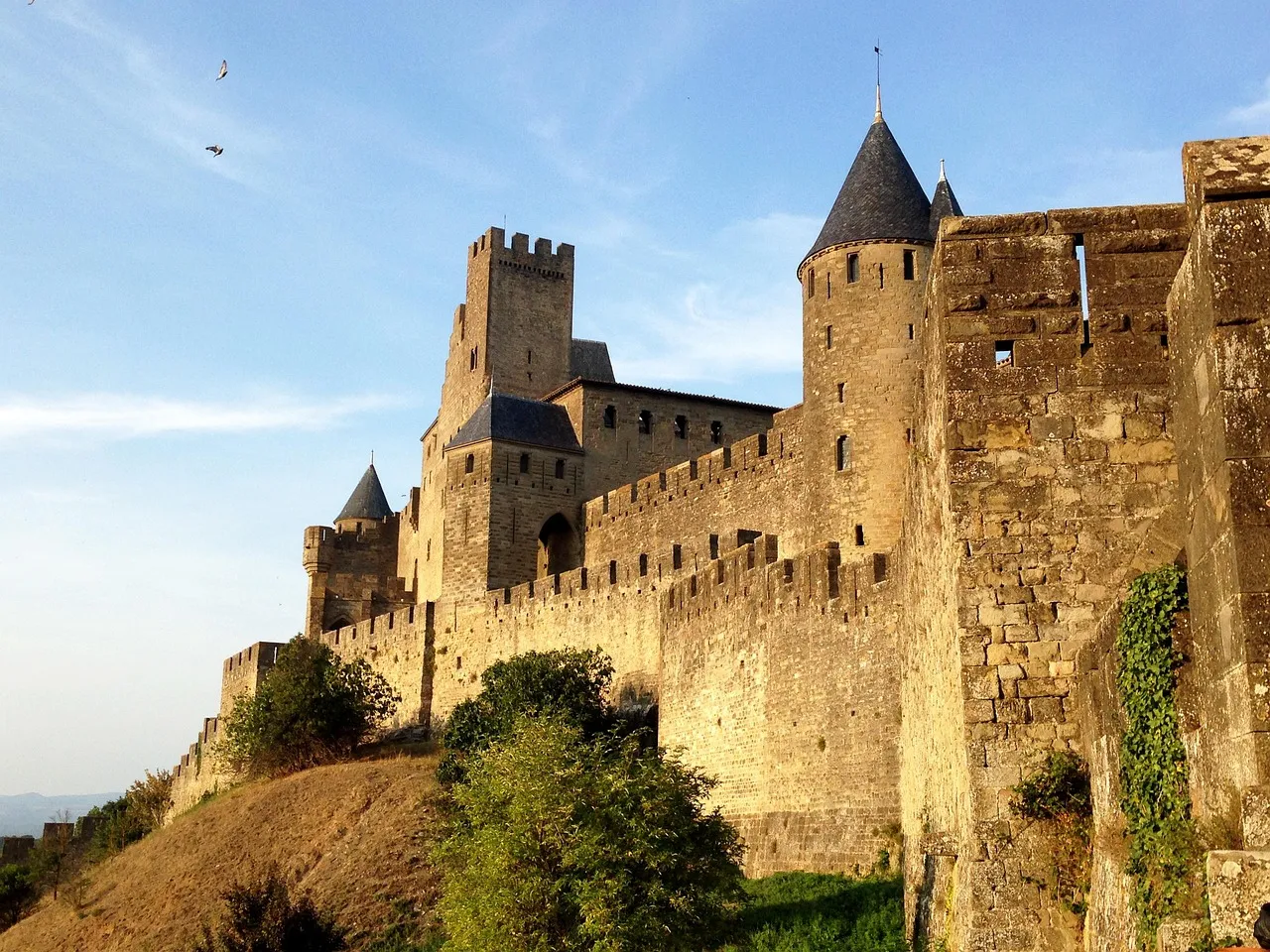 The walls and towers of Carcassonne's medieval Cité on its hill
