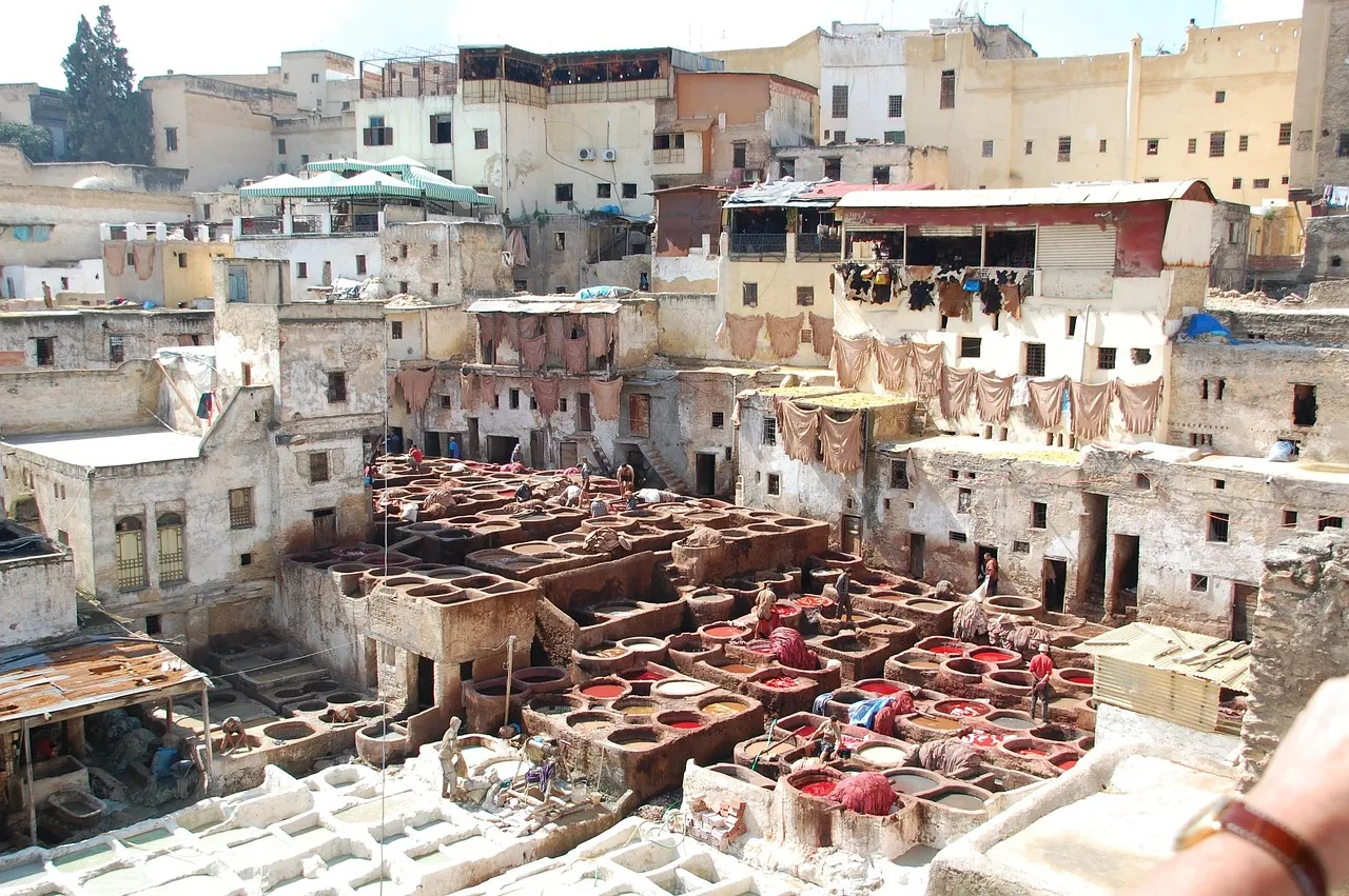 The Chouara tannery in Fes, with pits of coloured dye among the medina's houses