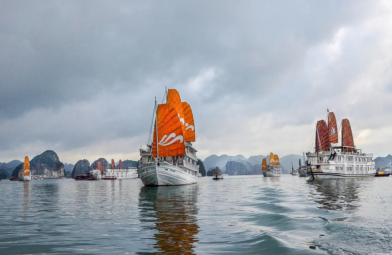 Junk boats with orange sails on the calm water of Ha Long Bay, with limestone islands in the distance
