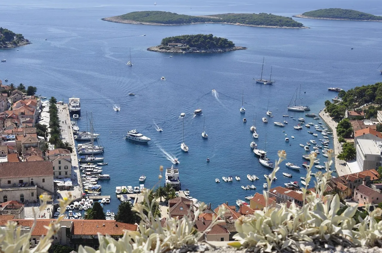 Hvar Town's harbour and the Pakleni islands seen from the fortress