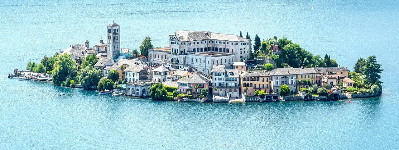 The little island of San Giulio in Lake Orta, covered in old buildings