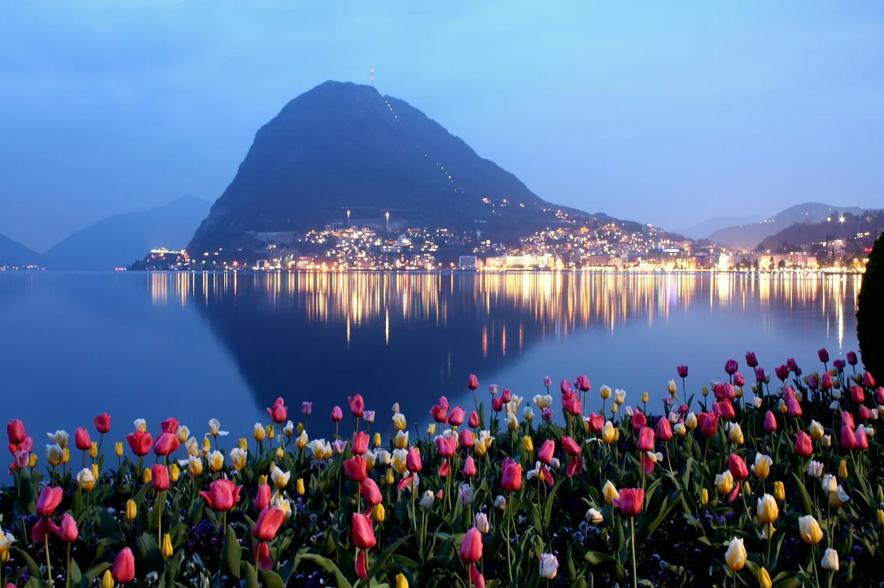 Monte San Salvatore above the lights of Lugano, with tulips by the lake