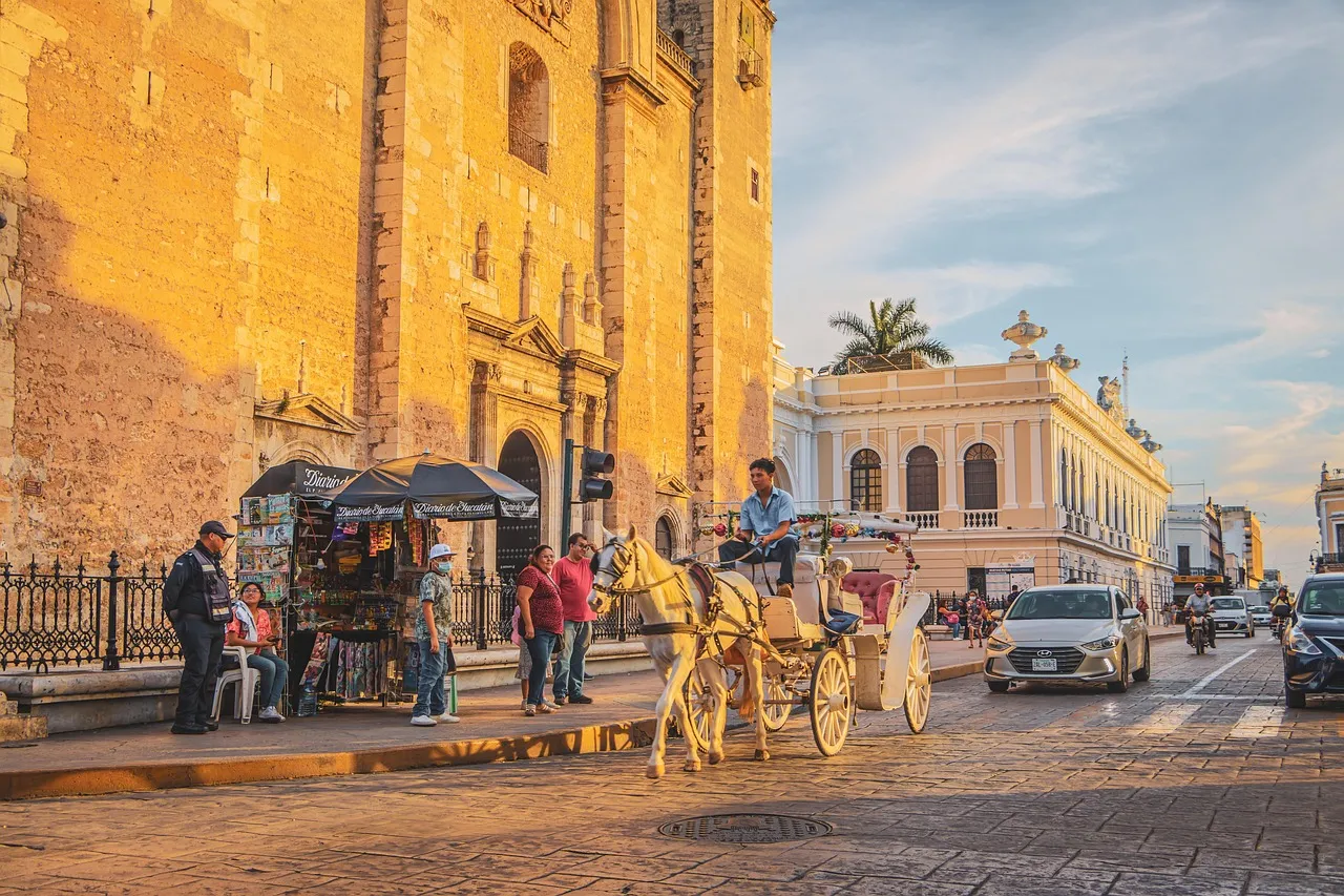 Horse-drawn carriages on a street of colonial buildings in the centre of Mérida, Yucatán, in warm evening light