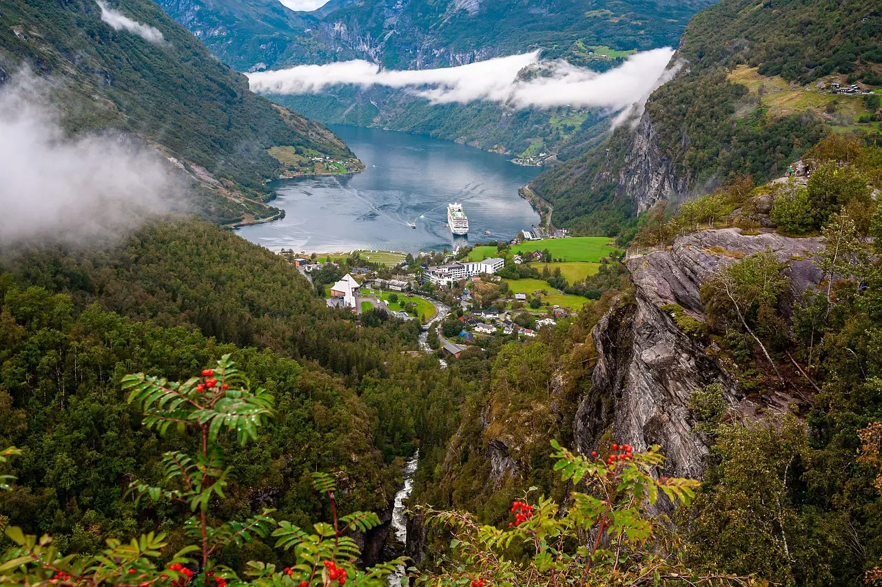 A cruise ship in the Geirangerfjord, seen from a green mountainside above the village of Geiranger