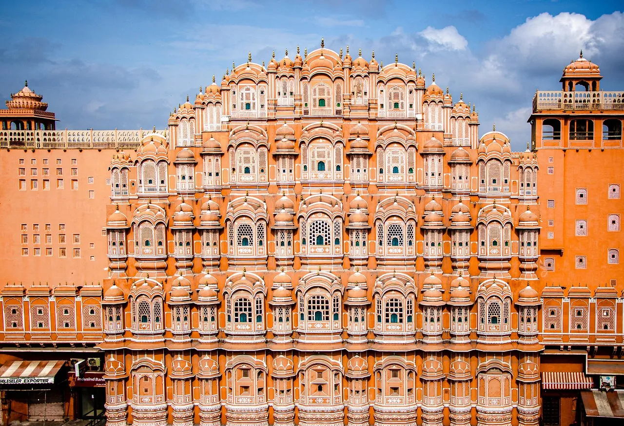 The pink, honeycombed facade of the Hawa Mahal, the Palace of Winds, in Jaipur