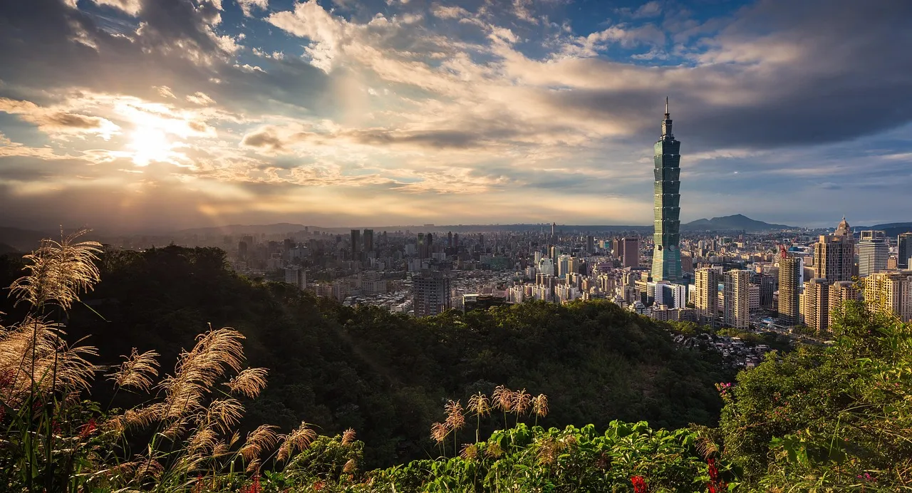 The Taipei 101 tower rising above the city skyline at sunset, seen from a green hillside with pampas grass