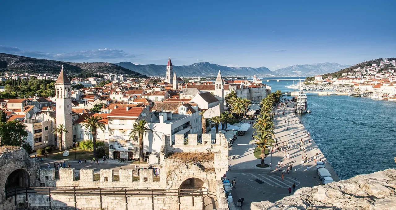 Trogir's old town and waterfront from above, with the fortress in front