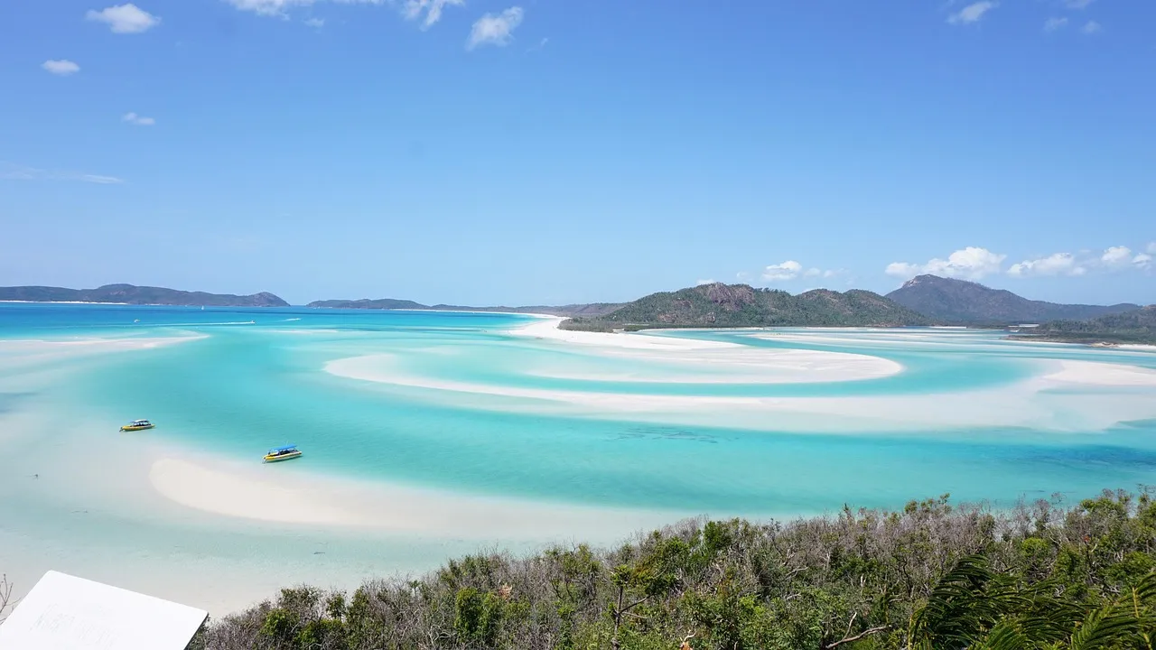 The swirling white sand and turquoise water of Hill Inlet in the Whitsundays